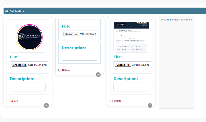Dunes Drive attachments management showing multiple files, images, descriptions, and attachment controls