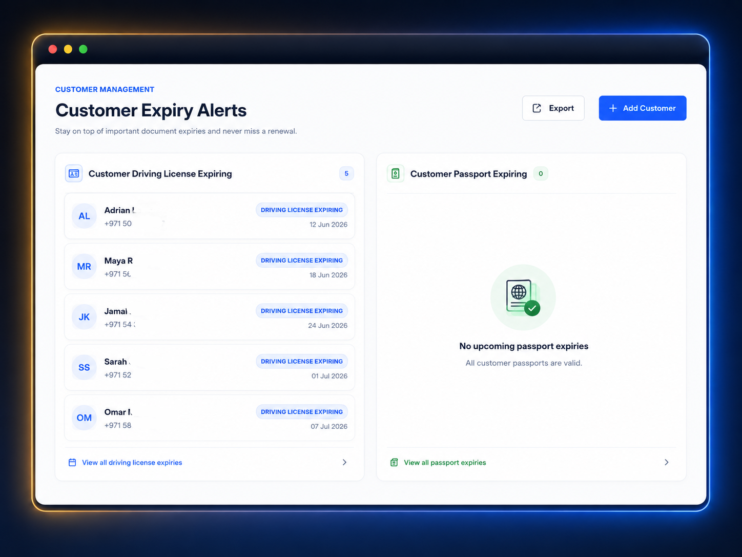Customer expiry alerts dashboard with license and passport follow-up