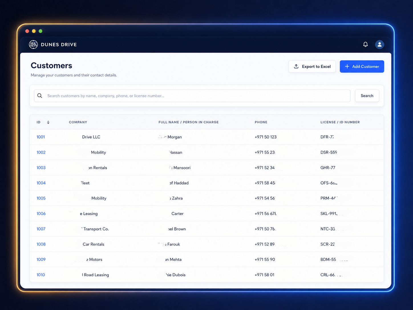 Customer management dashboard with customer records and company details