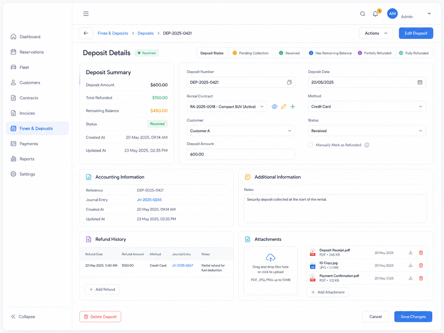 Deposit detail screen with deposit summary, rental contract, journal entry reference, refund history, attachments, notes, and remaining balance