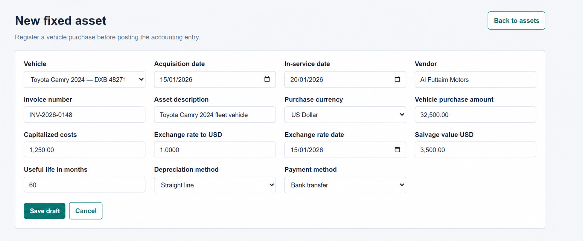 Dunes Drive new fixed asset form filled with fictional vehicle purchase and depreciation data