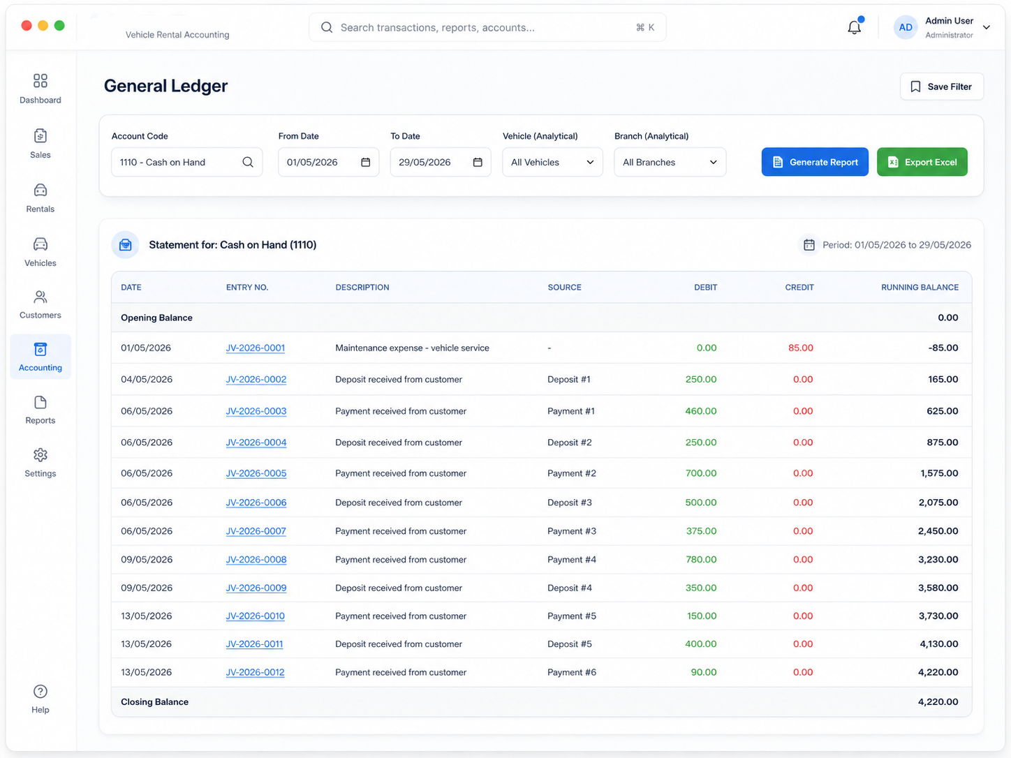 General ledger report with account code, date range, vehicle and branch filters, debit, credit, running balance, and source references