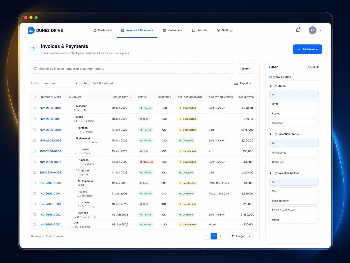 Invoice collection detail screen with payment method, status, currency, and print action