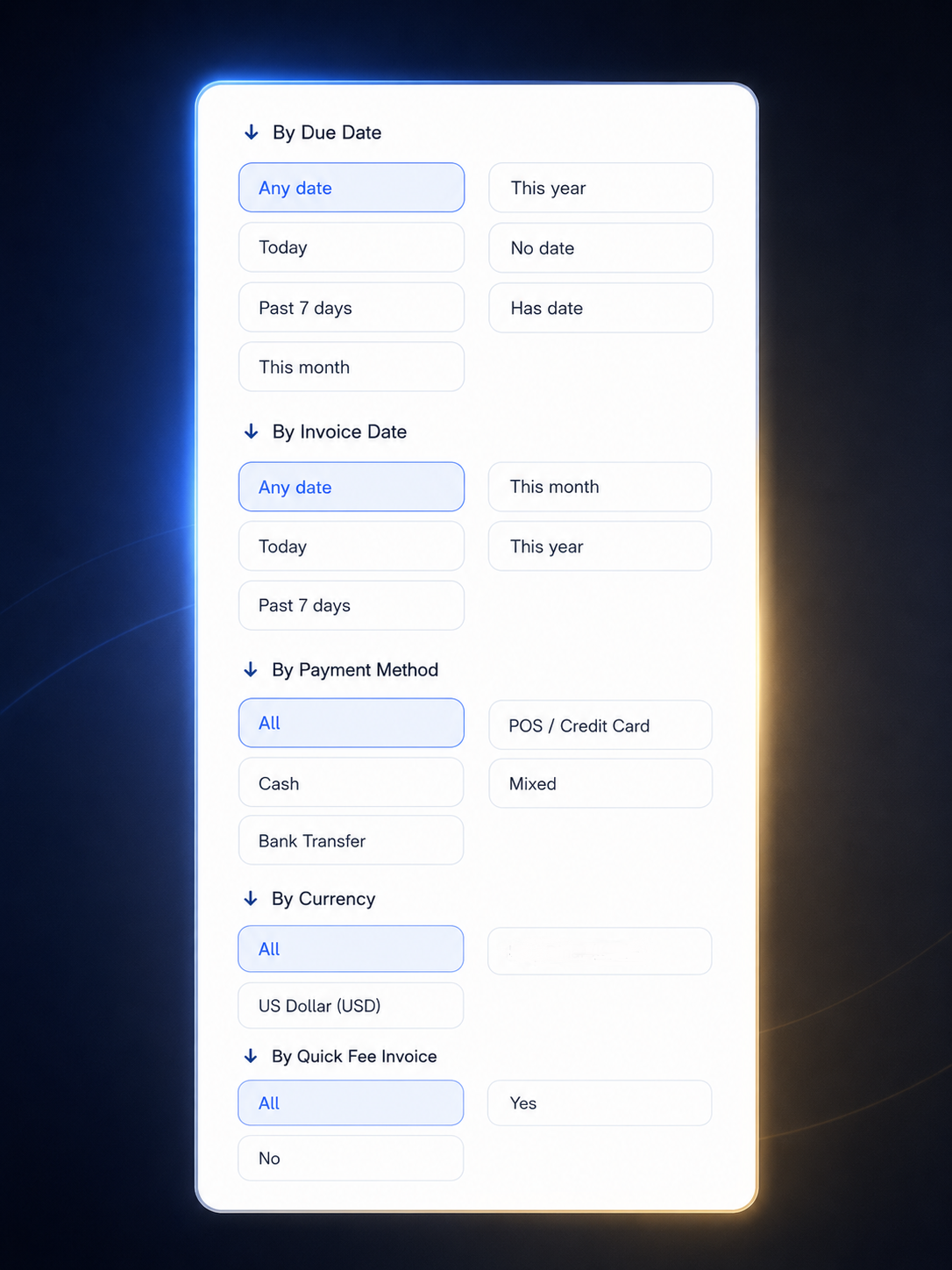 Invoice date payment method and currency filters in invoice management screen