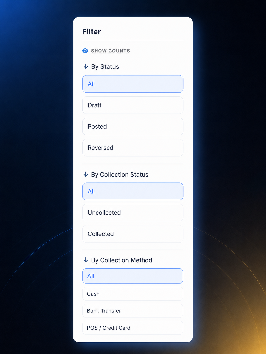 Invoice status and collection filters in invoice management screen