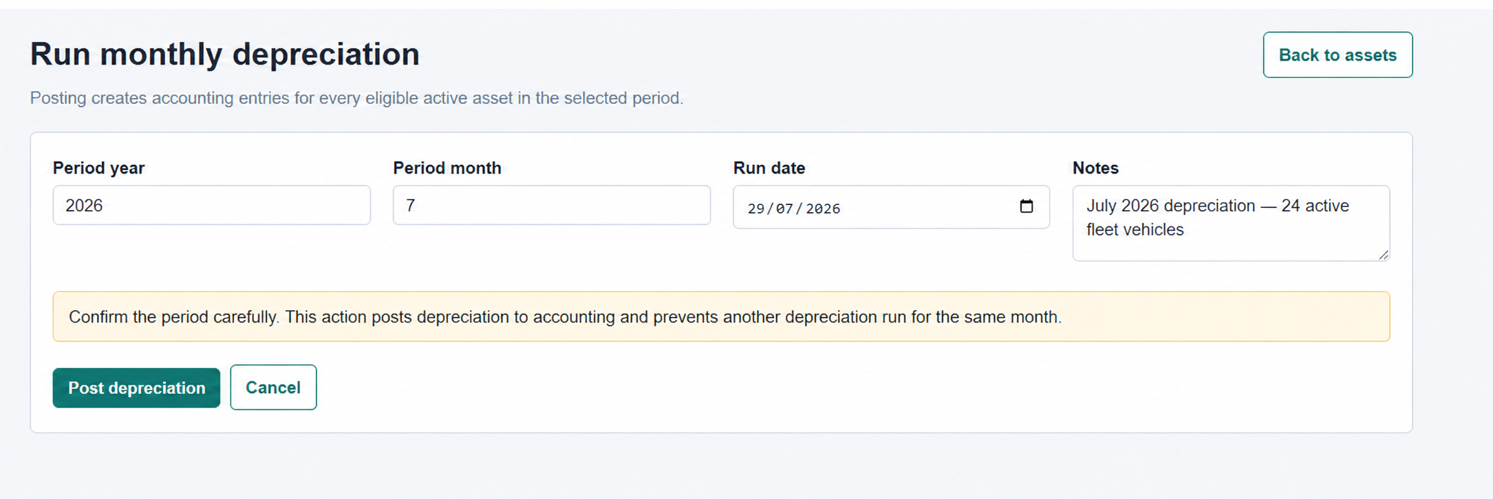 Dunes Drive monthly depreciation run screen with fictional July 2026 period data
